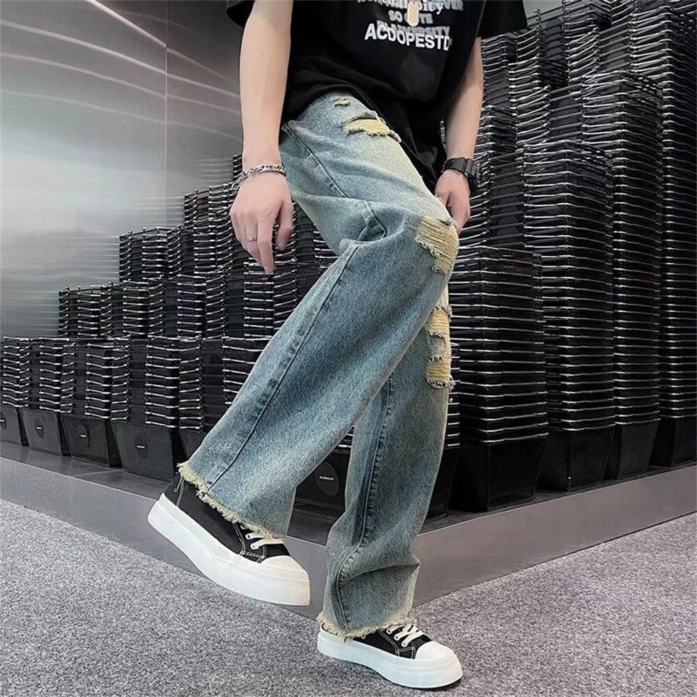 streetwear ripped jean femme baggy denim Jeans for men Man casual wide leg pants Men&#39;s jeans Male trousers mens pantalon