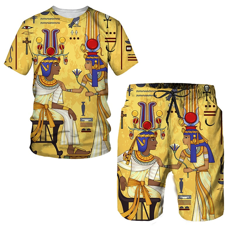 Men&#39;s African Style Summer Tracksuit Ethnic Totem Print T-Shirt Shorts Set Casual Clothing Vintage Oversized Fashion Outfits