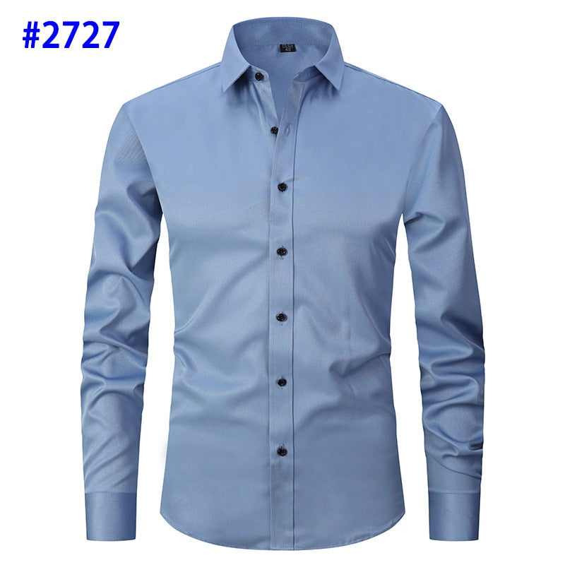 Men&#39;s Dress Shirts Casual Slim Fit Long Sleeve Male Social Shirts Comfortable Non Iron Solid Chemise Homme Blue