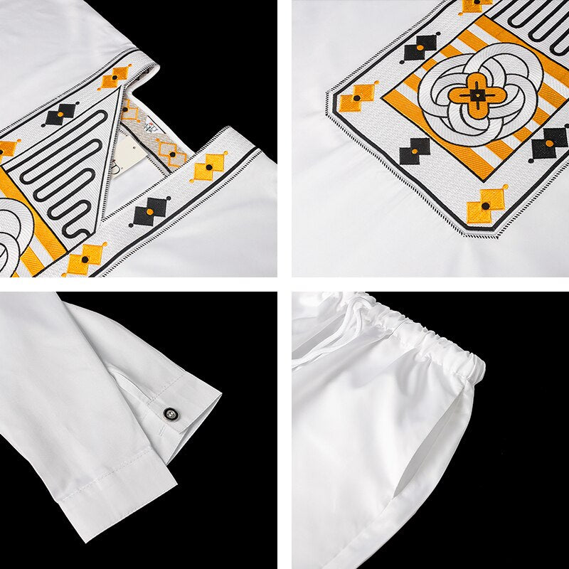 New African Tradition Clothes For Kids Boys White Long Sleeve Tops Embroidery Dashiki Robe Shirt Pant Child Set 3 PCS