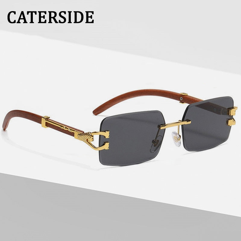 CATERSIDE Rectangle Rimless Sun Glasses Men New Square Diamond Leopard Decorate Eyewear Gradient Green Blue Color Sunglasses