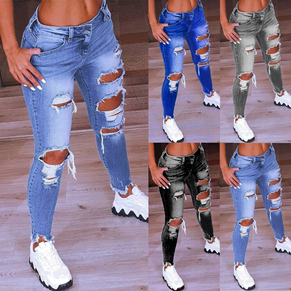 Spring New Women&#39;s Low Waist Ripped Jeans Fashion Slim Hip Lift Elastic Ankle-Length Denim Pencil Pants Plus Size Jeans 5XL