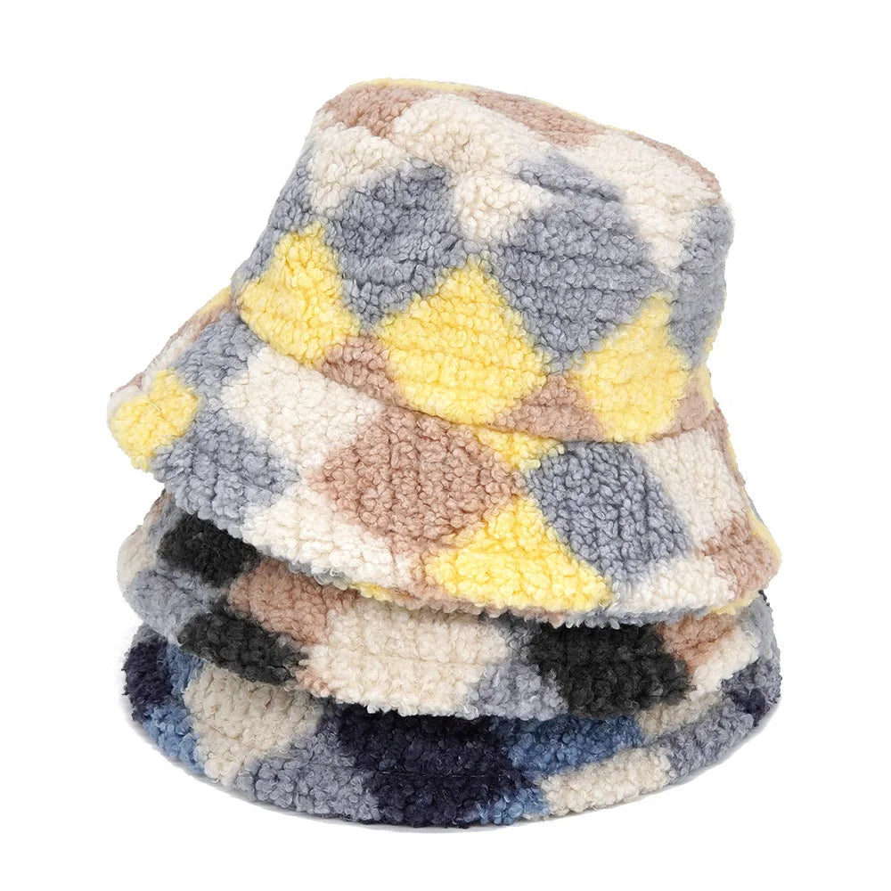 Winter Bucket Hats Women Fashion Print Ladies Warm Panama Hat Wool Soft Velvet Thickened Fur Rabbit Hair Outdoor Fisherman Hat