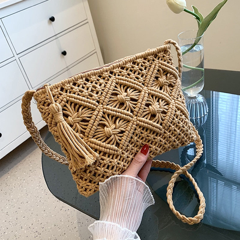 Handmade Cotton Rope Tassel Braided Bag 2023 Summer New Straw One Shoulder Oblique Span Bag Bohemian Style Beach Lift Handbag