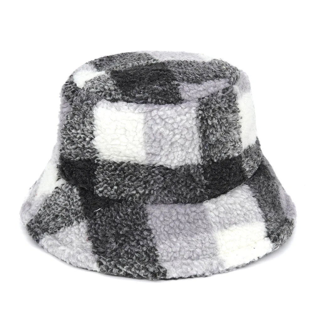 Winter Bucket Hats Women Fashion Print Ladies Warm Panama Hat Wool Soft Velvet Thickened Fur Rabbit Hair Outdoor Fisherman Hat