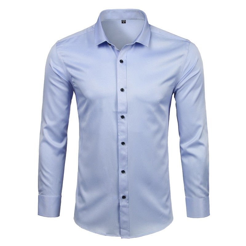 Men&#39;s Dress Shirts Casual Slim Fit Long Sleeve Male Social Shirts Comfortable Non Iron Solid Chemise Homme Blue