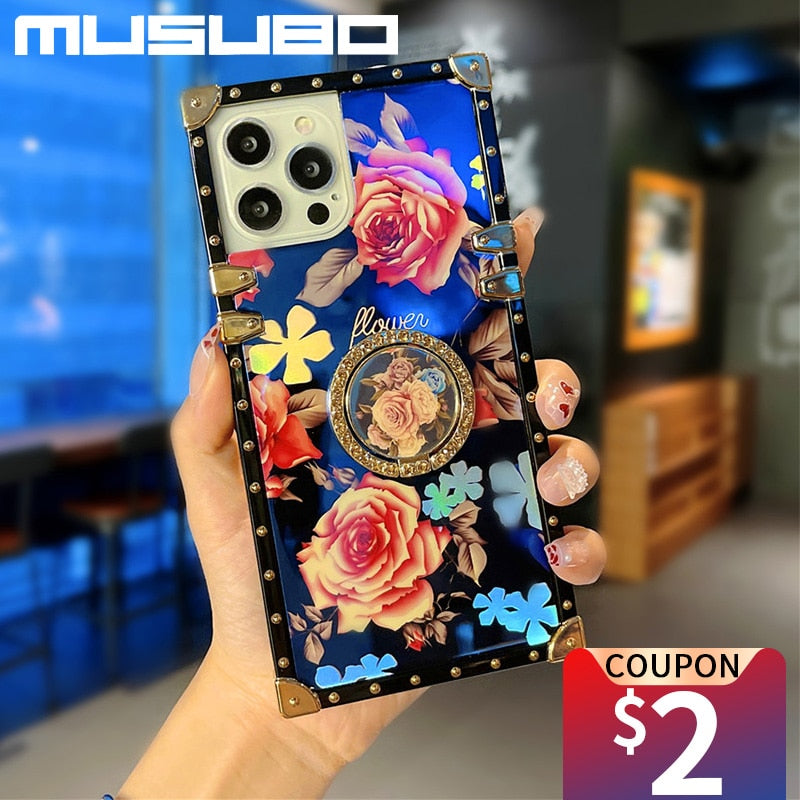 Luxury Silicon Ring Phone Case For iPhone 14 Plus 13 PRO 12 11 Pro Max XS XR SE 3 7 8 Plus Brand Coque Soft Square Cover Fundas