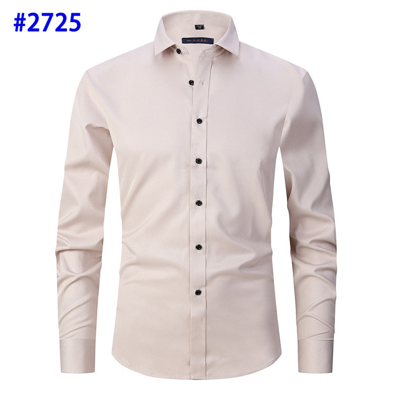 Men&#39;s Dress Shirts Casual Slim Fit Long Sleeve Male Social Shirts Comfortable Non Iron Solid Chemise Homme Blue