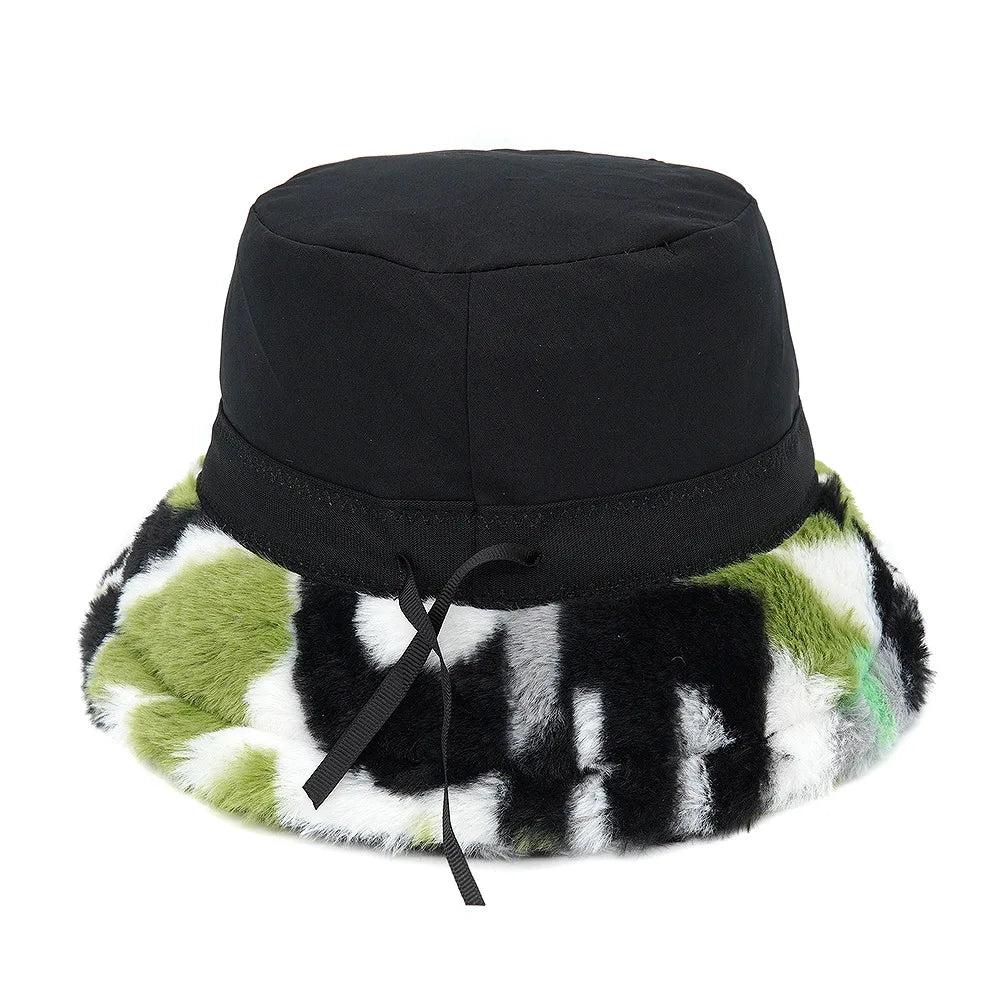 Winter Bucket Hats Women Fashion Print Ladies Warm Panama Hat Wool Soft Velvet Thickened Fur Rabbit Hair Outdoor Fisherman Hat