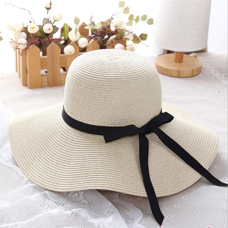 New Simple Foldable Wide Brim Floppy Girls Straw Hat Sun Hat Beach Women Summer Hat UV Protect Travel Cap Lady Cap Female