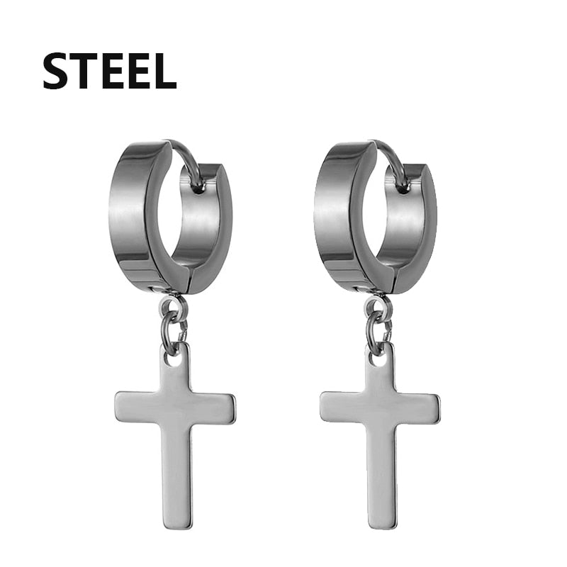 2pc Stainless Steel Men Cross Stars Punk Dangle Earrings Gothic Woman Cross Ear Hoop Earrings Huggies Pendant Piercing Jewelry