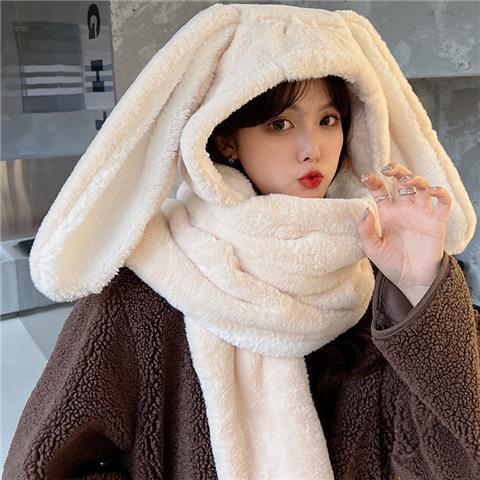 New Fashion Scarf Hat Glove Women Cute Big Ear Bunny Beanie Winter Warm Soft Thickening Pocket Warm Ear Hats Hooded Skullie