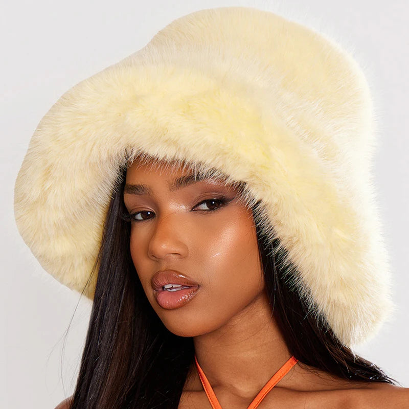 Fluffy Faux Fur Bucket Hats Women Rabbit Fur Warm Thick Plush Winter Hat Lady Fashion Luxury Panama Furry Fisherman Cap Y2k