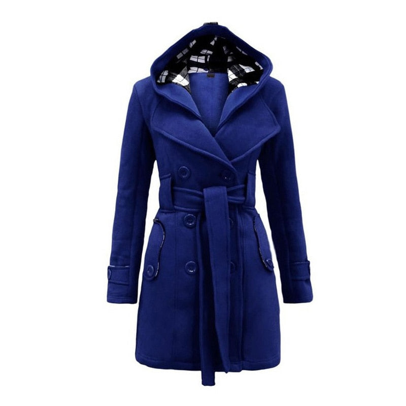 Autumn Winter Mid-Length Women's Solid Color Cotton Hooded Jacket Coat Casual Double-breasted  Keep Warm Outerwear Lady Coats