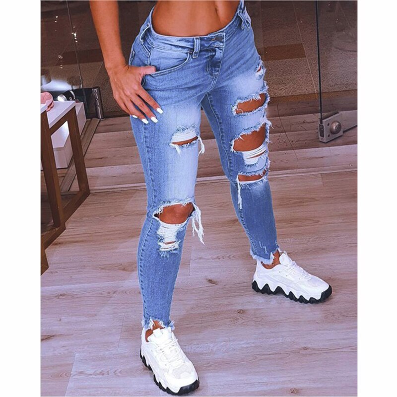 Spring New Women&#39;s Low Waist Ripped Jeans Fashion Slim Hip Lift Elastic Ankle-Length Denim Pencil Pants Plus Size Jeans 5XL