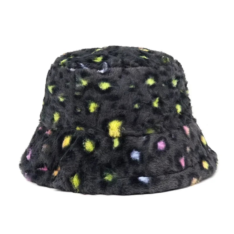 Winter Bucket Hats Women Fashion Print Ladies Warm Panama Hat Wool Soft Velvet Thickened Fur Rabbit Hair Outdoor Fisherman Hat