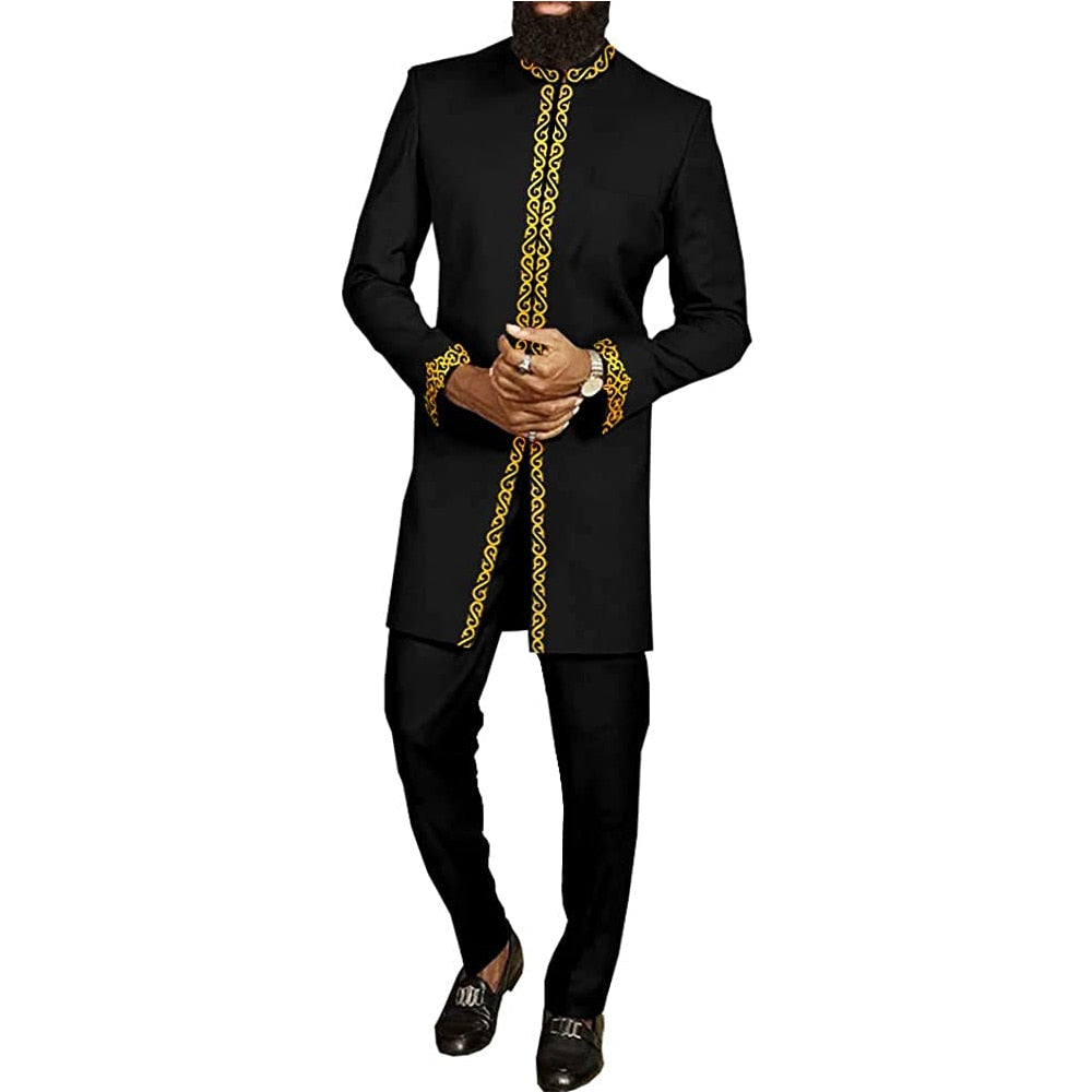 Men's 2-Piece Suit Set - Solid Color Round Neck Embroidery Long Sleeve Top and Trousers, Perfect for Wedding and Ethnic Inspired Style