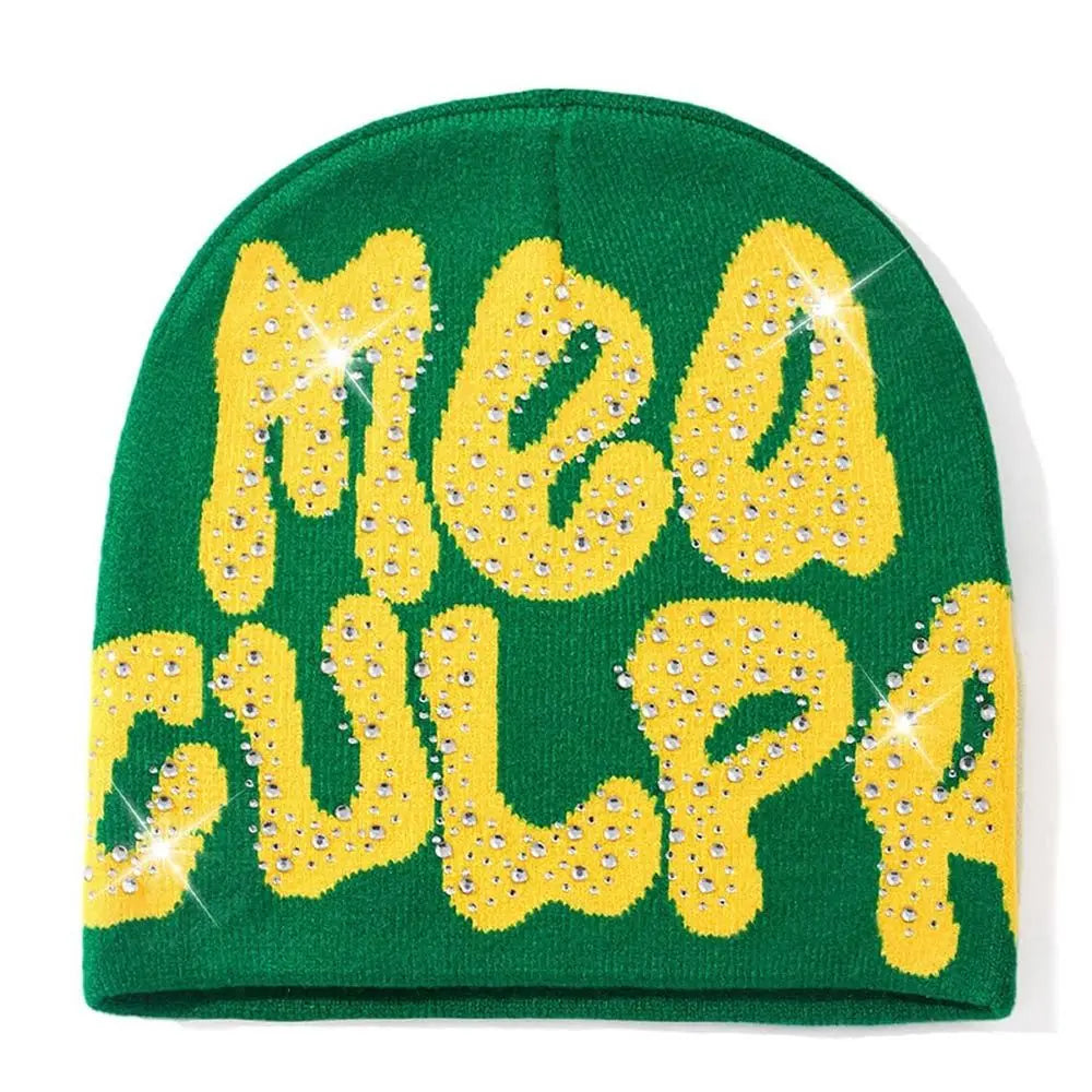 NEW Y2K MEA Culpa Beanies Hat with Rhinestone for Women Men Beanies Hats Hip-hop Soft Stretch Warm Knitted Slouchy Cap