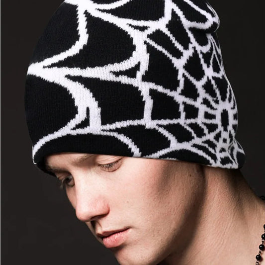 Punk Hip-hop Streetwear Cap Knitted Spider Web Design Hat for Men Women Pullover Pile Cap Y2k Goth Warm Beanie Hats
