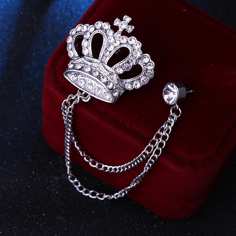 Korean Luxury Rhinestone Crown Brooch Pin Tassel Lapel Pins Suit Shirt Collar Badge Corsage Brooches for Men Jewelry Accessories