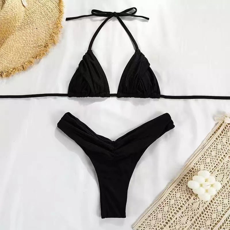 Sexy Micro Bikinis 2023 Women Halter Brazilian Bikini Set Female Pleated Swimsuit New Triangle Swimwear Beach Wear Bathing Suit