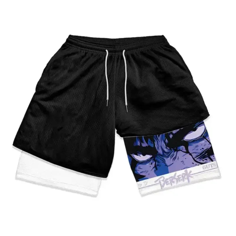 Summer men's double layered shorts men anime high waisted oversized breathable sports  shorts training and fitness sports shorts