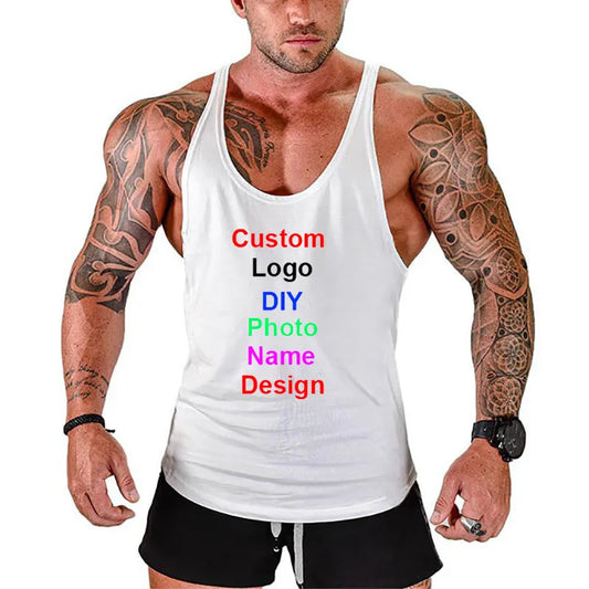 Logo Photo Name Design Customized Summer Fitness Mens Gym Clothing Bodybuilding Stringer Tank Top Cotton Sleeveless Shirt