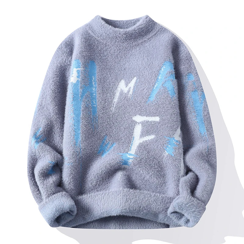 Winter Letter Scrawl Mens Sweater New Harajuku Streetwear Knitted Sweaters Casual O-Neck White Male Pullover Fashion Men Clothes