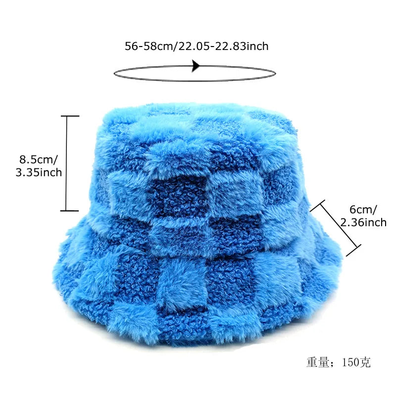 Chessboard Bucket hat Autumn and Winter New Versatile Japanese Thermal Cap Plush Korean Big Head Waist Basin Hat