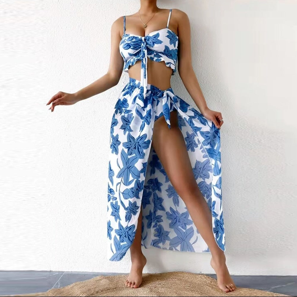 New 3 Pieces Bikini Sets Swimsuit With Skirt Women Sexy Floral Print Tied Beachwear Swimwear