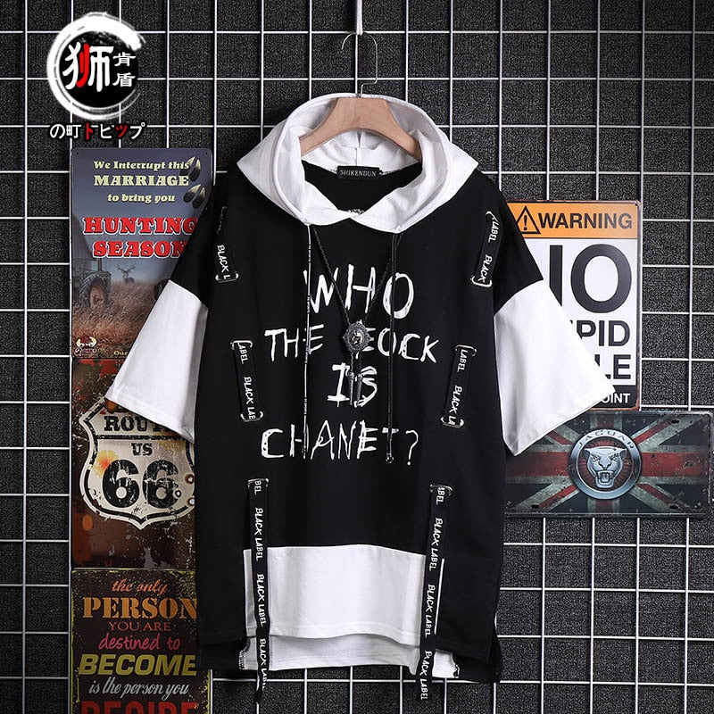 New Men T-shirt Korean Hooded T-shirt Fashion Harajuku Short Sleeve Top Hip Hop T Shirts Mens Summer Print Men Clothing T6