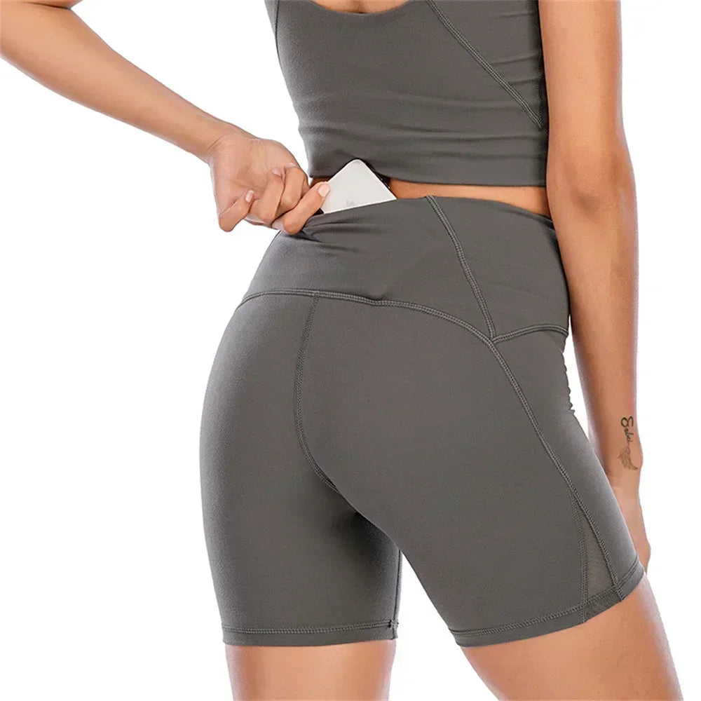 women's Solid Seam Sports Short High Waist Tight Gym Leggings Squat Proof Tummy Control Workout Running Shorts Women