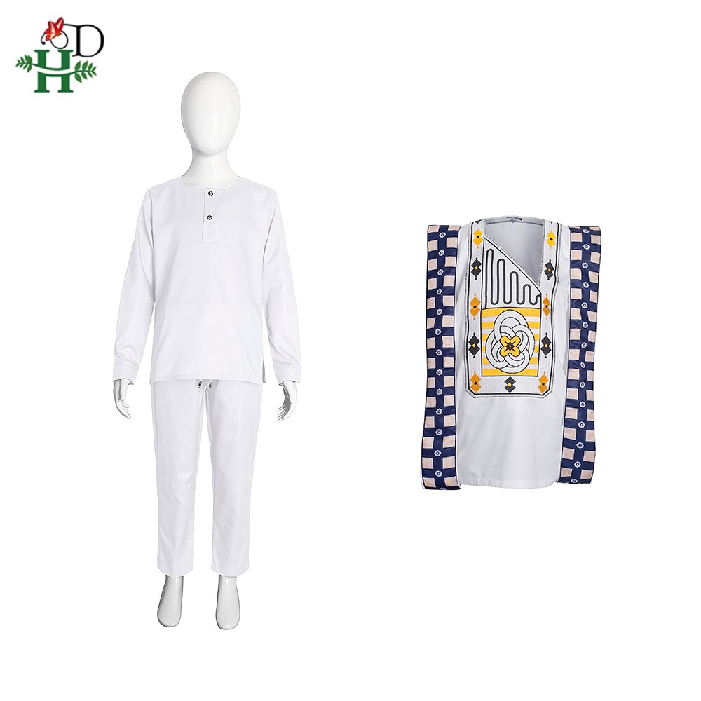 New African Tradition Clothes For Kids Boys White Long Sleeve Tops Embroidery Dashiki Robe Shirt Pant Child Set 3 PCS