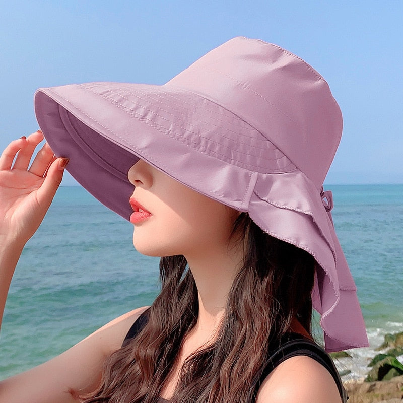 Sparsil Women&#39;s Summer Hat for The Sun Wide Brim UV Neck Protection Solar Beach Hats Foldable Ponytail Travel Sun Panama Caps