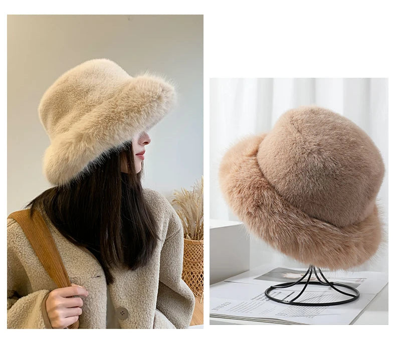 Fluffy Faux Fur Bucket Hats Women Rabbit Fur Warm Thick Plush Winter Hat Lady Fashion Luxury Panama Furry Fisherman Cap Y2k