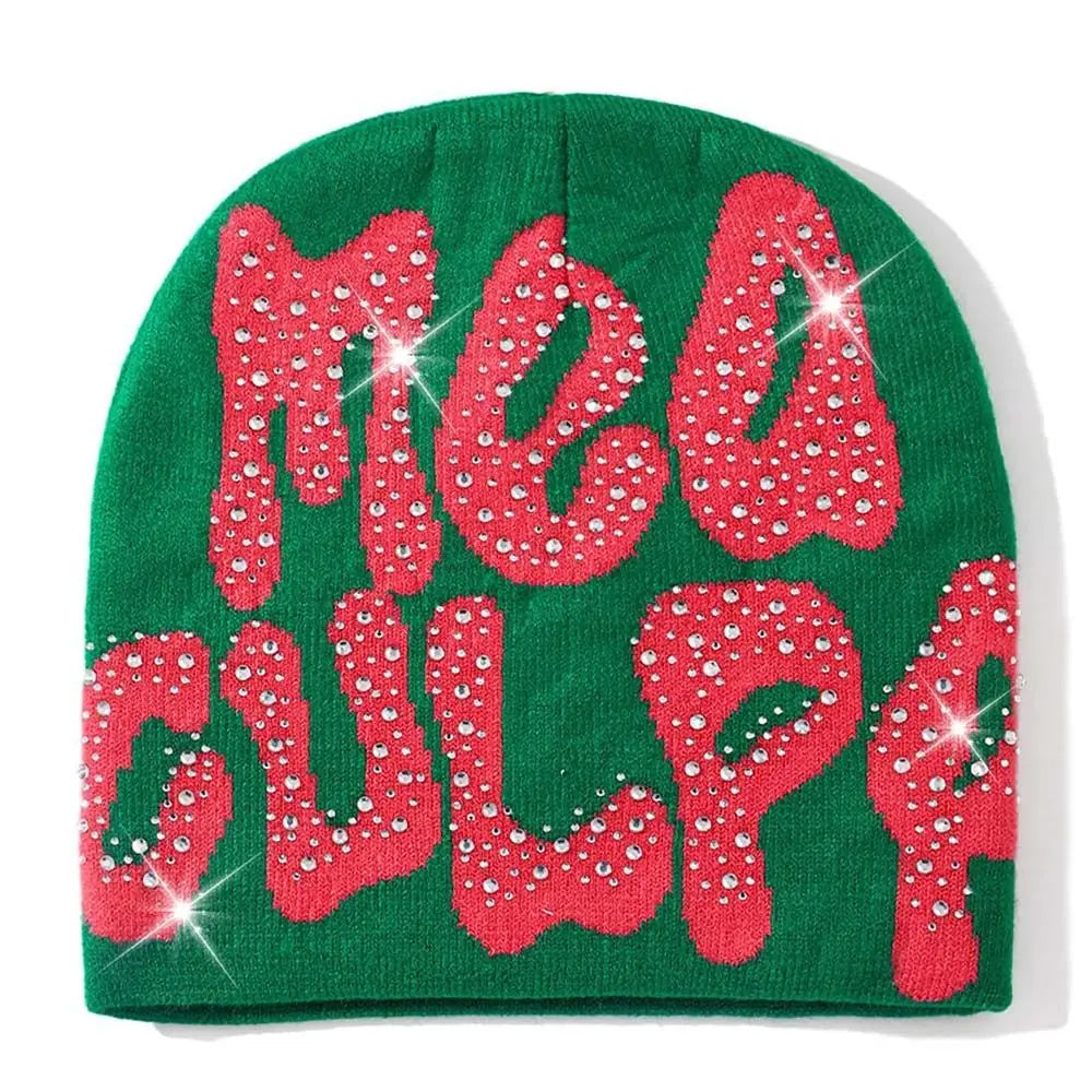 NEW Y2K MEA Culpa Beanies Hat with Rhinestone for Women Men Beanies Hats Hip-hop Soft Stretch Warm Knitted Slouchy Cap