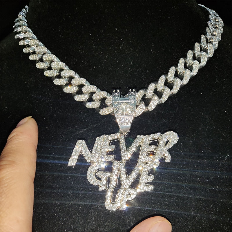 Men Women Hip Hop NEVER GIVE UP Pendant Necklace 13mm Crystal Cuban Chain HipHop Iced Out Bling Necklaces Fashion Charm Jewelry