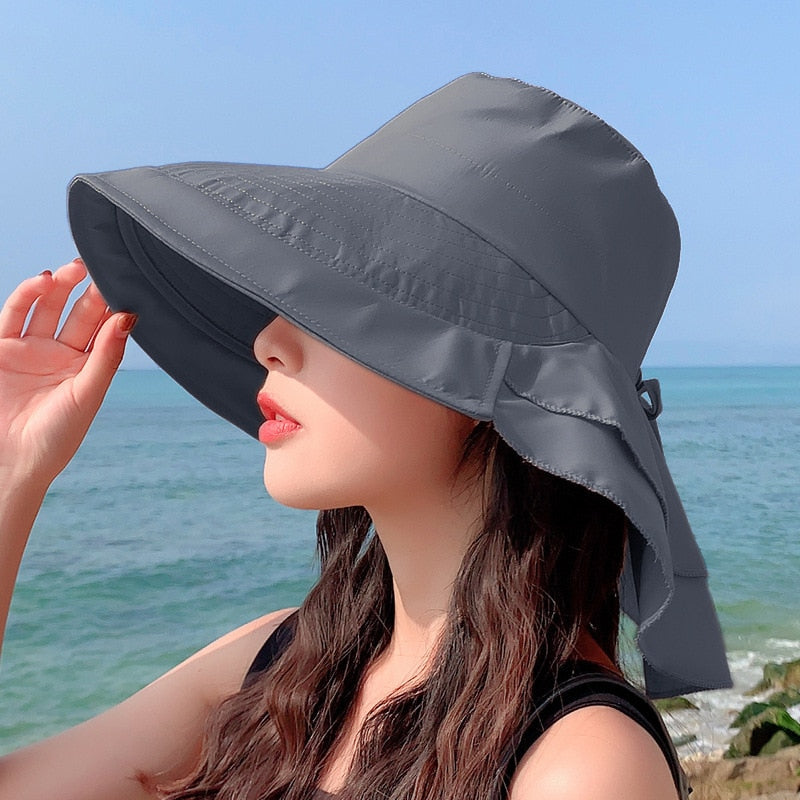 Sparsil Women&#39;s Summer Hat for The Sun Wide Brim UV Neck Protection Solar Beach Hats Foldable Ponytail Travel Sun Panama Caps