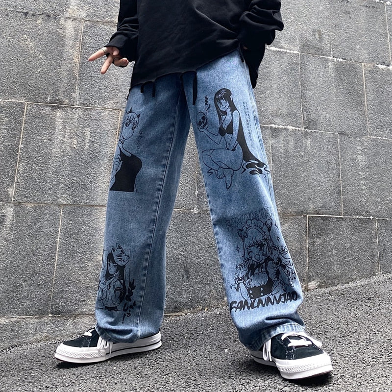 Vintage Washed Jeans Men Women Streetwear Jeans Harajuku Cartoon Anime Print Jeans Fashion GirlJeans Loose Wide Leg Pants Cotton