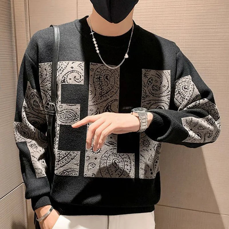 Fashion O-Neck Knitted Spliced All-match Printed Sweater Men's Clothing Autumn New Casual Pullovers Long Sleeve Korean Tops