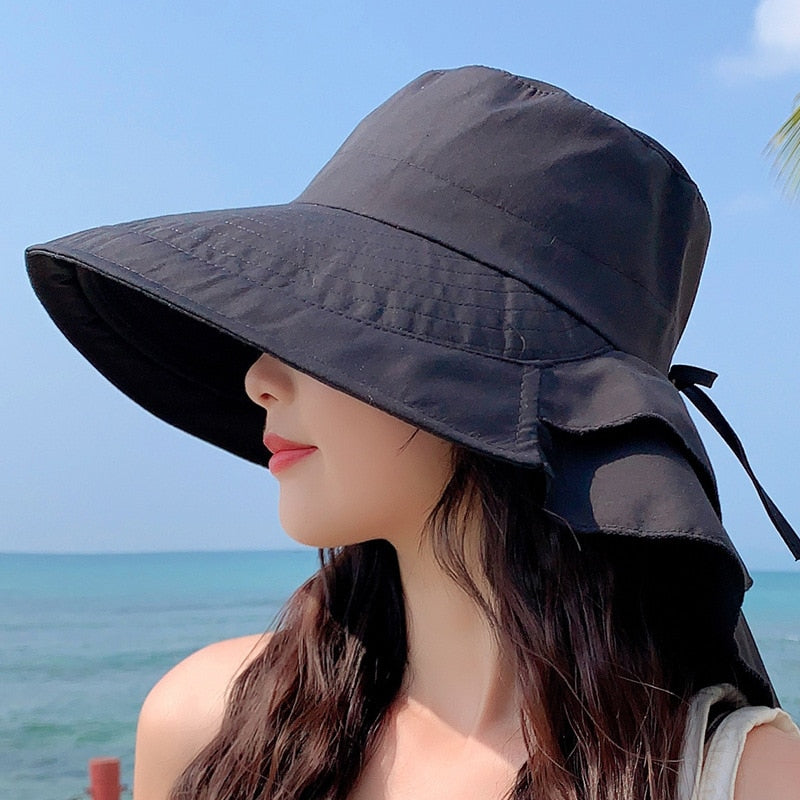 Sparsil Women&#39;s Summer Hat for The Sun Wide Brim UV Neck Protection Solar Beach Hats Foldable Ponytail Travel Sun Panama Caps