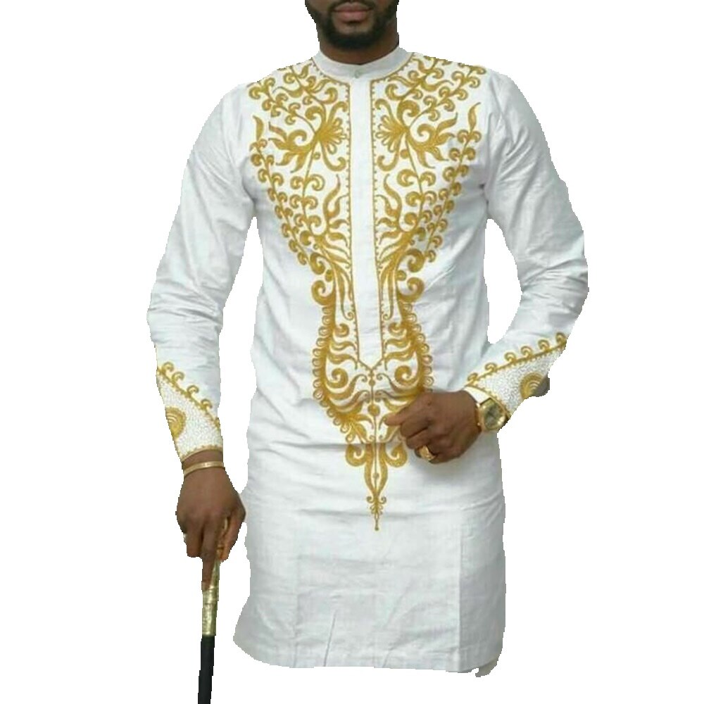 Men's 2-Piece Suit Set - Solid Color Round Neck Embroidery Long Sleeve Top and Trousers, Perfect for Wedding and Ethnic Inspired Style