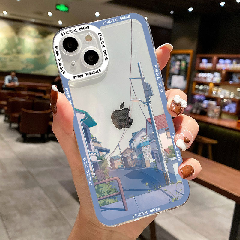 Japanese Anime Hand Painted House scenery Clear Phone Case For iPhone 13 14 12 11 Pro Max X XR XS 7 8Plus SE2 Transparent Cover