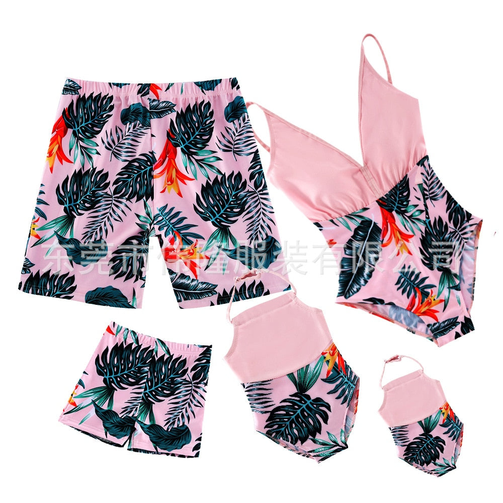 New Backless Style Parent-child Swimsuit Quick Drying Beach Pants Swimsuit Printed Color Blocking Swimsuit