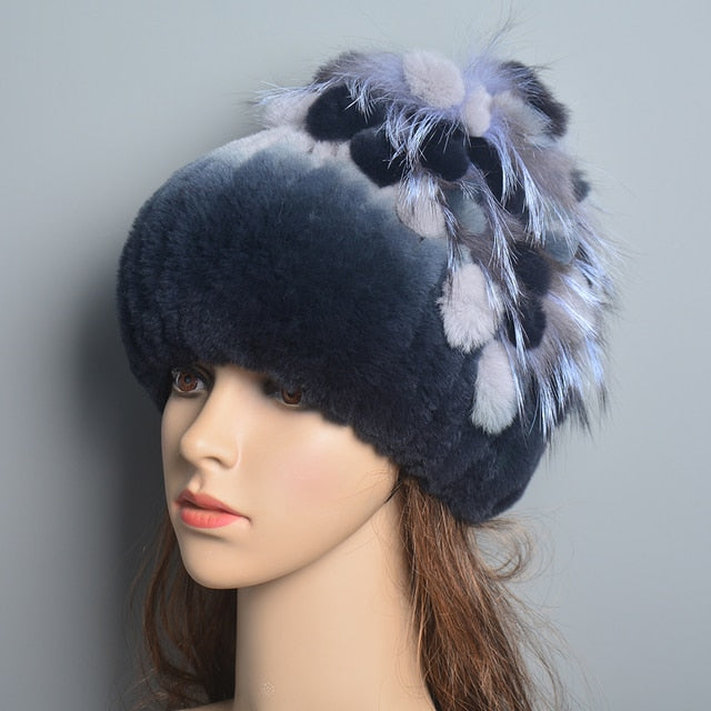 Brand Women Genuine Rex Rabbit Fur Hats Winter Rex Rabbit Fur Beanies Striped Top Flower Fox Fur Warm Real Fur Knit Caps