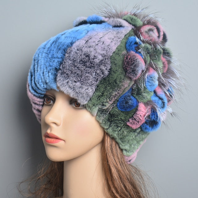 Brand Women Genuine Rex Rabbit Fur Hats Winter Rex Rabbit Fur Beanies Striped Top Flower Fox Fur Warm Real Fur Knit Caps