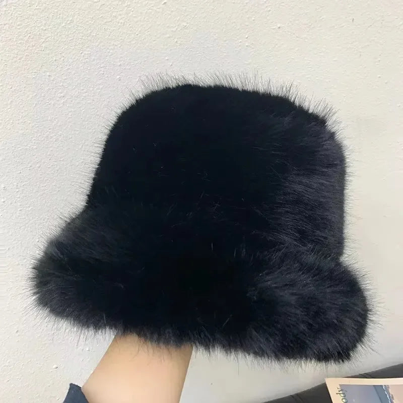 Fluffy Faux Fur Bucket Hats Women Rabbit Fur Warm Thick Plush Winter Hat Lady Fashion Luxury Panama Furry Fisherman Cap Y2k