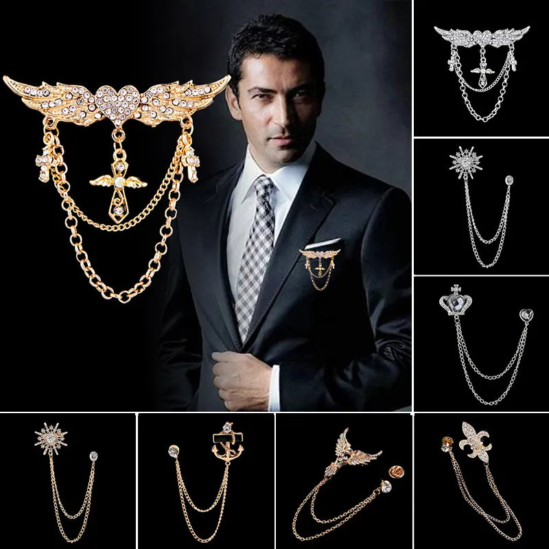 Multiple Styles Rhinestone Brooch Pin Tassel Lapel Pins Suit Shirt Collar Badge Corsage Brooches for Men's Jewelry Accessories