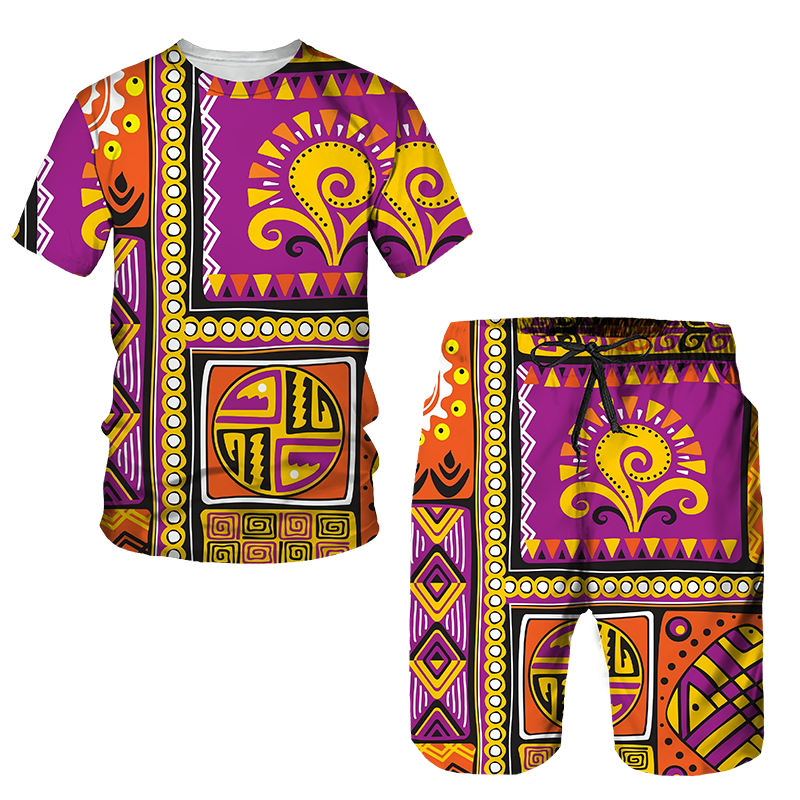 Men&#39;s African Style Summer Tracksuit Ethnic Totem Print T-Shirt Shorts Set Casual Clothing Vintage Oversized Fashion Outfits