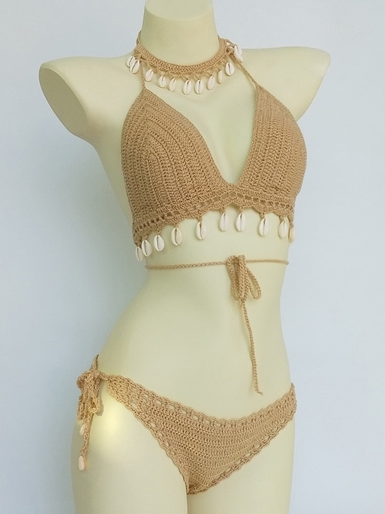 Woman Bikini Set Crochet Shell Tassel Top Sexy Thong Bottom See-Through Hollow Out Bandage High Waist Short Beach Skirt